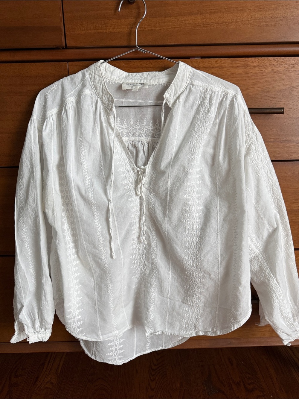 White Embroidered Peasant Blouse with Tie Neck